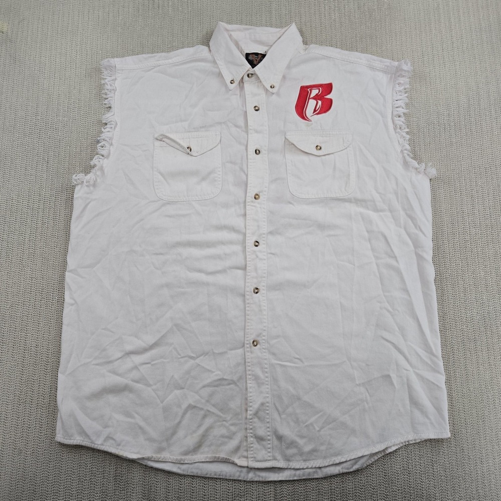 Vance Biker Wear Shirt Mens 3XL White Sleeveless Fringe Snap GRRZLY Embroidered
